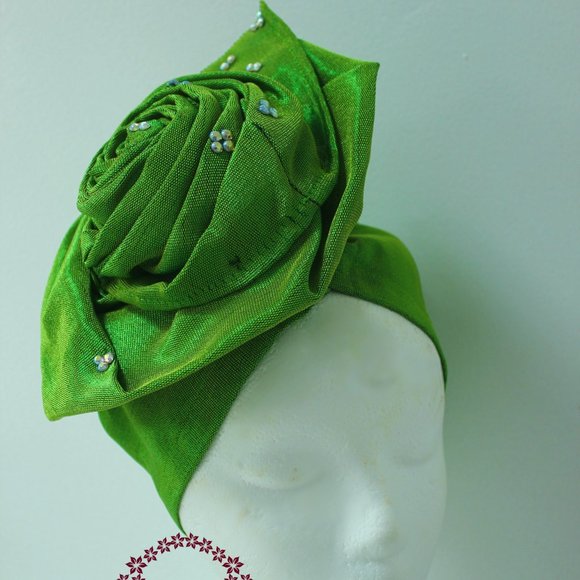 Accessories - AG - Lovely Rose Design Auto-Gele/ Aso-oke Turban in Lime Green